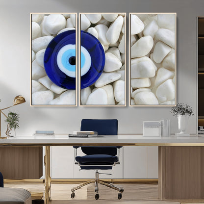 48883-MGV-CV-36X24-Evil Eye Wall Art – Deep Blue Symbol of Presence and Calm on White Stones, Subtle Spiritual Decor for Entryway, Studio, Office or