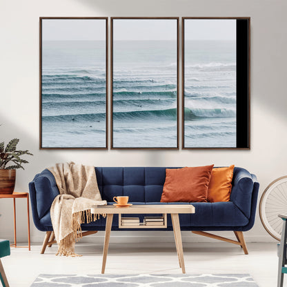 73969318-MGV-CV-36X24-Ocean Waves Wall Art Canvas Print, Framed Surfer Lineup Art Picture Print, Crowded Ocean Perfect Minimal Coastal Decor Artwork