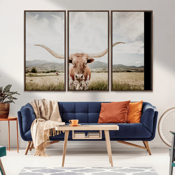 80054319-MGV-CV-36X24-Texas Longhorn Wall Art Canvas Print, Framed Western Cow Art Picture Print, Rustic Farmhouse Perfect Farmhouse Decor Artwork