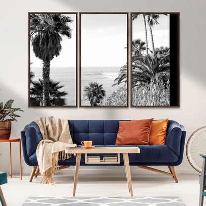 89458520-MGV-CV-36X24-Palm Trees Wall Art Canvas Print, Framed Coastal View Art Picture Print, Ocean Horizon Perfect Monochrome Coast Decor Artwork
