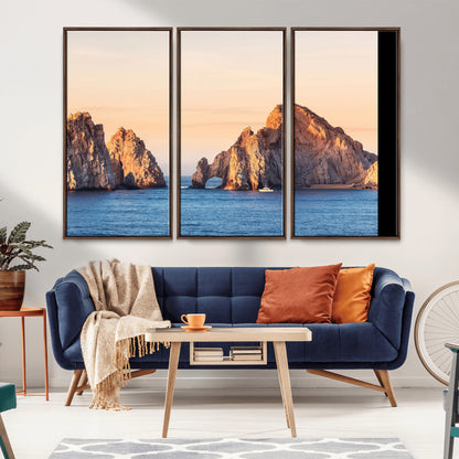 72996116-MGV-CV-36X24-El Arco Wall Art Canvas Print, Framed Cabo Rocks Art Picture Print, Ocean Arch Perfect Golden Coastal Landmark Decor Artwork