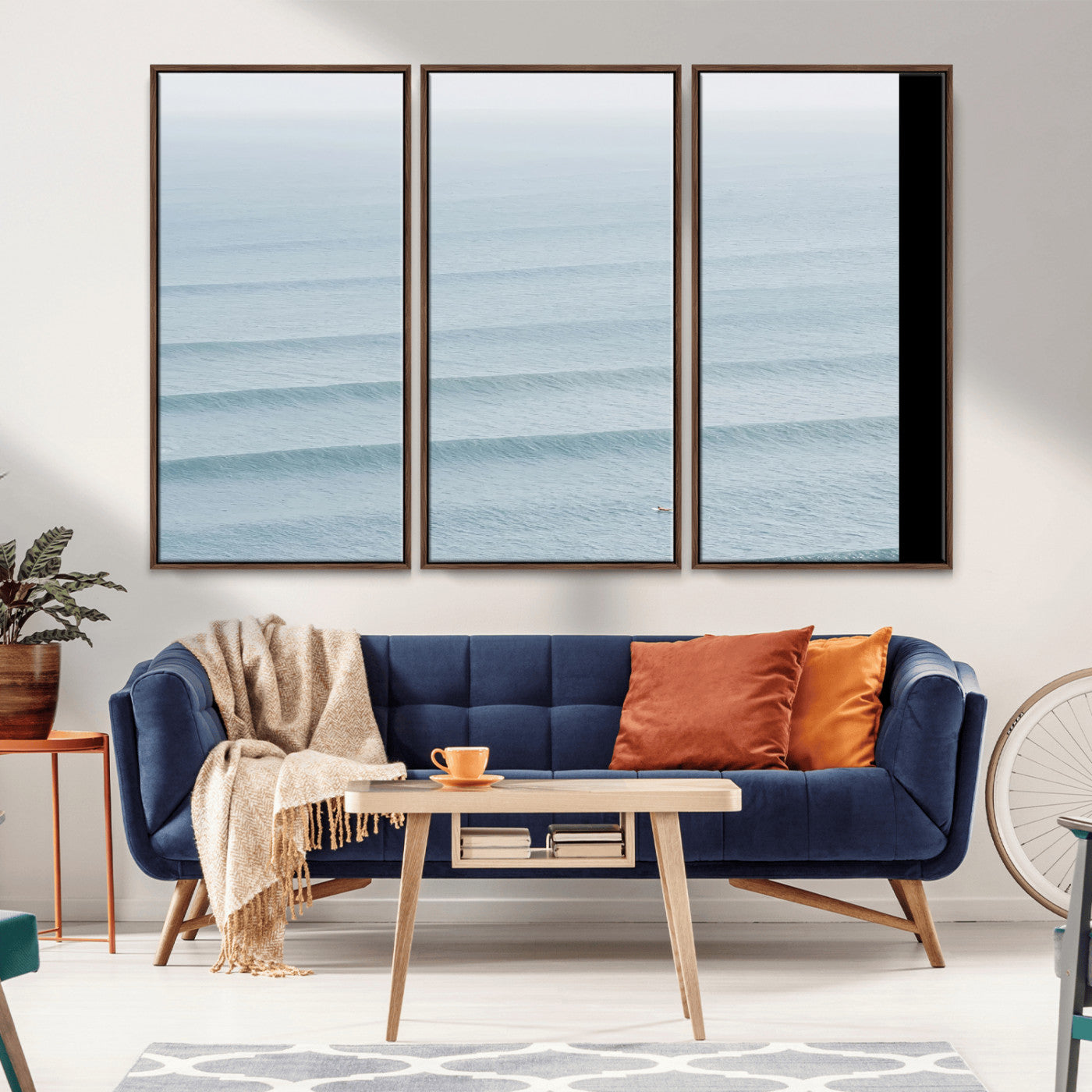 47814787-MGV-CV-36X24-Ocean Waves Wall Art Canvas Print, Framed Solo Surfer Art Picture Print, Wave Lines Perfect Minimalist Ocean Decor Artwork