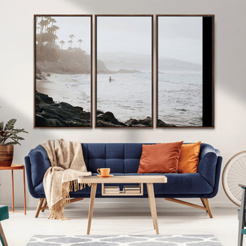 62501405-MGV-CV-36X24-Misty Beach Wall Art Canvas Print, Framed California Surfer Art Picture Print, Coastal Cliff Perfect Coastal Beach Decor Artwork