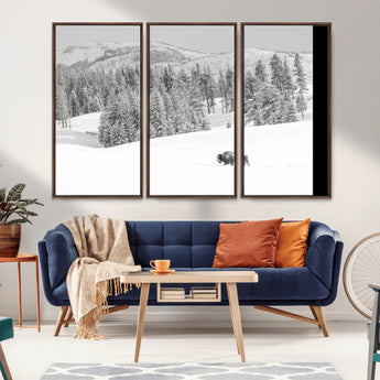 68081143-MGV-CV-36X24-Snowy Bison Wall Art Canvas Print, Framed Winter Forest Art Picture Print, Lone Bison Perfect Monochrome Winter Wild Decor Artwork