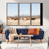16563092-MGV-CV-36X24-Texas Longhorns Wall Art Canvas Print, Framed Western Cattles Art Picture Print, Rustic Herd Perfect Rustic Farmhouse Decor