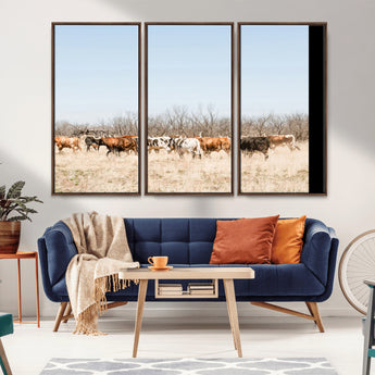 16563092-MGV-CV-36X24-Texas Longhorns Wall Art Canvas Print, Framed Western Cattles Art Picture Print, Rustic Herd Perfect Rustic Farmhouse Decor