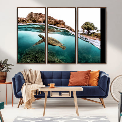 44200301-MGV-CV-36X24-Sea Turtle Swim Wall Art Canvas Print, Framed Ocean Life Art Picture Print, Tropical Shoreline Perfect Tropical Coastal Decor