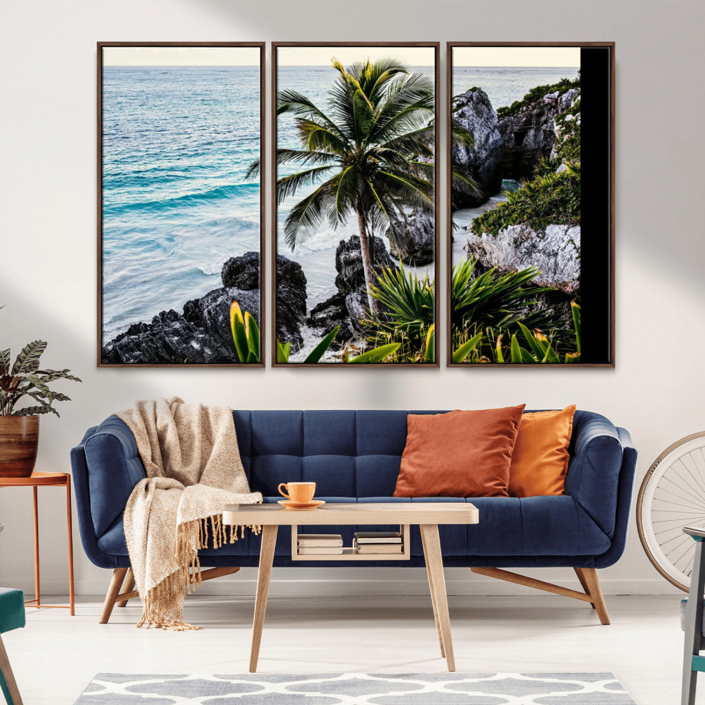 94669907-MGV-CV-36X24-Tropical Coastline Wall Art Canvas Print, Framed Palm Tree Art Picture Print, Rocky Beach Perfect Tropical Coastal Decor Artwork
