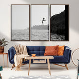 52284302-MGV-CV-36X24-Cliff Jumping Wall Art Canvas Print, Framed Ocean Adventure Art Picture Print, Black White Coast Perfect Modern Coastal Decor