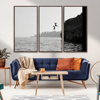 52284302-MGV-CV-36X24-Cliff Jumping Wall Art Canvas Print, Framed Ocean Adventure Art Picture Print, Black White Coast Perfect Modern Coastal Decor