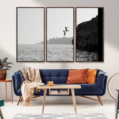 52284302-MGV-CV-36X24-Cliff Jumping Wall Art Canvas Print, Framed Ocean Adventure Art Picture Print, Black White Coast Perfect Modern Coastal Decor