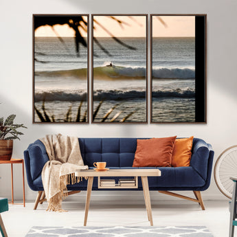 24896468-MGV-CV-36X24-Sunset Surf Wall Art Canvas Print, Framed Golden Waves Art Picture Print, Tropical Ocean Perfect Tropical Boho Decor Artwork