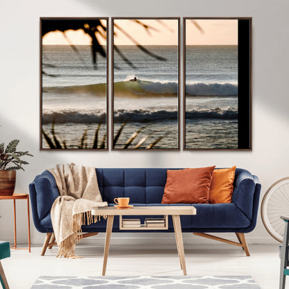 24896468-MGV-CV-36X24-Sunset Surf Wall Art Canvas Print, Framed Golden Waves Art Picture Print, Tropical Ocean Perfect Tropical Boho Decor Artwork