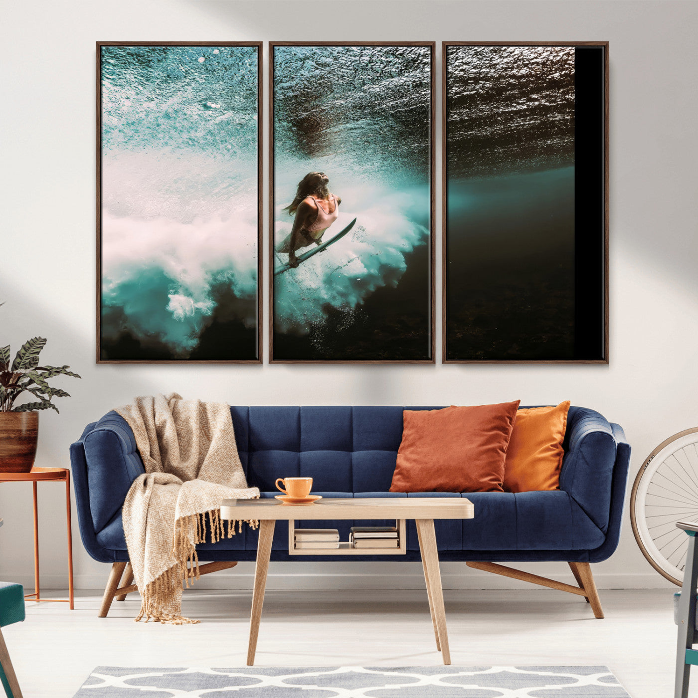 85923512-MGV-CV-36X24-Aquatic Motion Wall Art Canvas Print, Framed Underwater Swimming Art Picture Print, Female Surfer Diving Perfect Coastal Boho