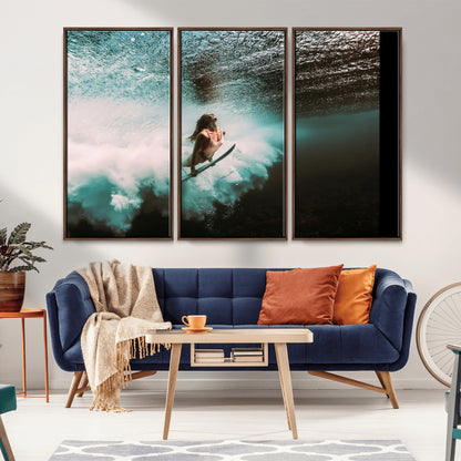 85923512-MGV-CV-36X24-Aquatic Motion Wall Art Canvas Print, Framed Underwater Swimming Art Picture Print, Female Surfer Diving Perfect Coastal Boho