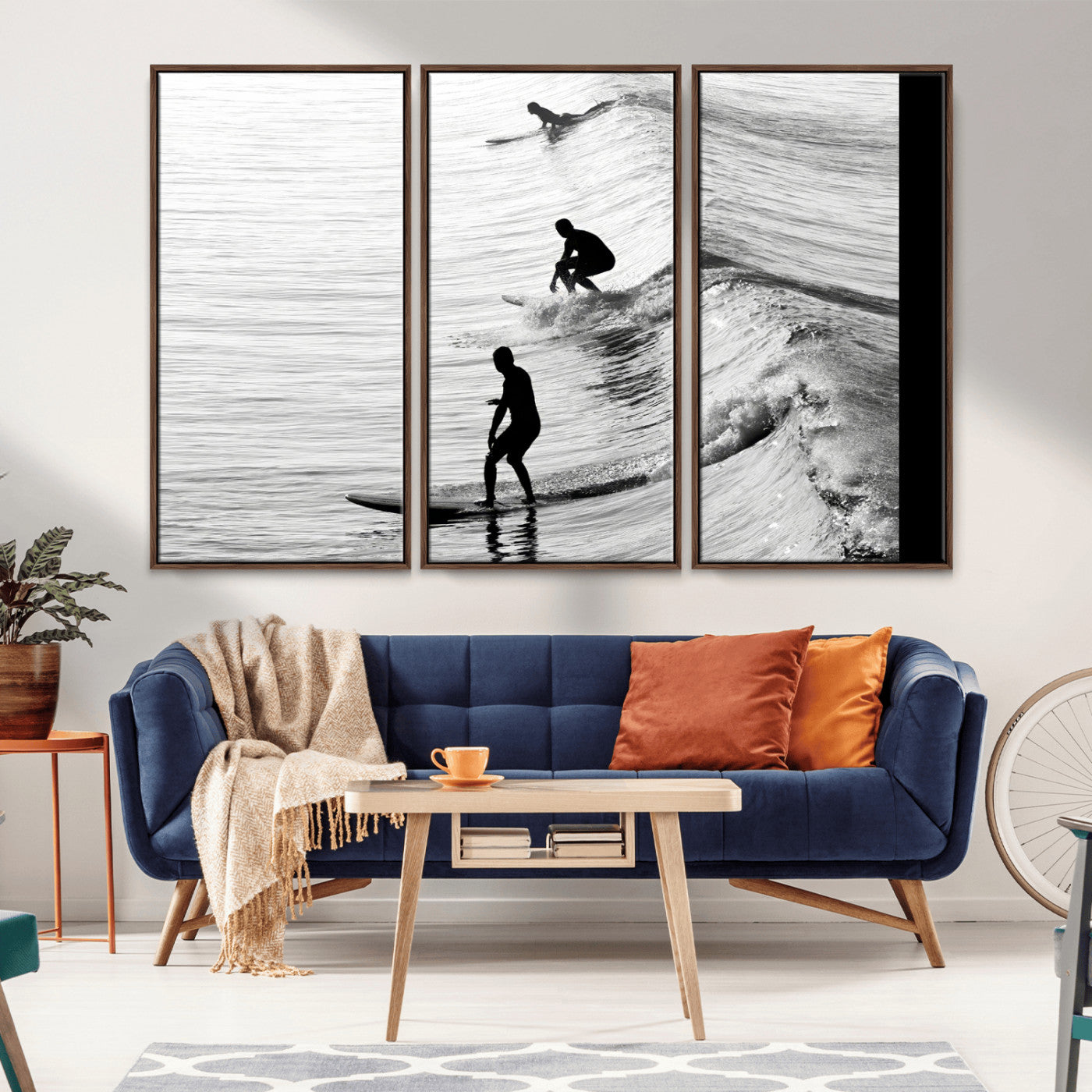 19875284-MGV-CV-36X24-Surfer Waves Wall Art Canvas Print, Framed Black White Surf Art Picture Print, Monochrome Ocean Perfect Modern Coastal Decor