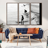 19875284-MGV-CV-36X24-Surfer Waves Wall Art Canvas Print, Framed Black White Surf Art Picture Print, Monochrome Ocean Perfect Modern Coastal Decor