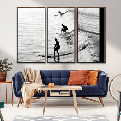 19875284-MGV-CV-36X24-Surfer Waves Wall Art Canvas Print, Framed Black White Surf Art Picture Print, Monochrome Ocean Perfect Modern Coastal Decor