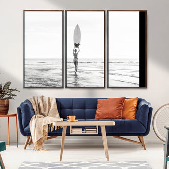 98446901-MGV-CV-36X24-Monochrome Surf Wall Art Canvas Print, Framed Minimalist Surfer Art Picture Print, Surfboard Silhouette Perfect Coastal Minimalist