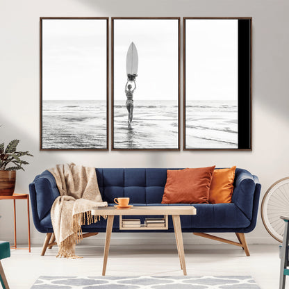 98446901-MGV-CV-36X24-Monochrome Surf Wall Art Canvas Print, Framed Minimalist Surfer Art Picture Print, Surfboard Silhouette Perfect Coastal Minimalist