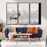 62278753-MGV-CV-36X24-Monochrome Elk Wall Art Canvas Print, Framed Mountain Wildlife Art Picture Print, Rustic Nature Perfect Rustic Minimalist Decor