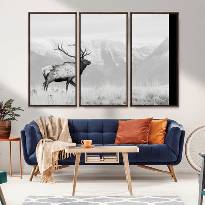62278753-MGV-CV-36X24-Monochrome Elk Wall Art Canvas Print, Framed Mountain Wildlife Art Picture Print, Rustic Nature Perfect Rustic Minimalist Decor