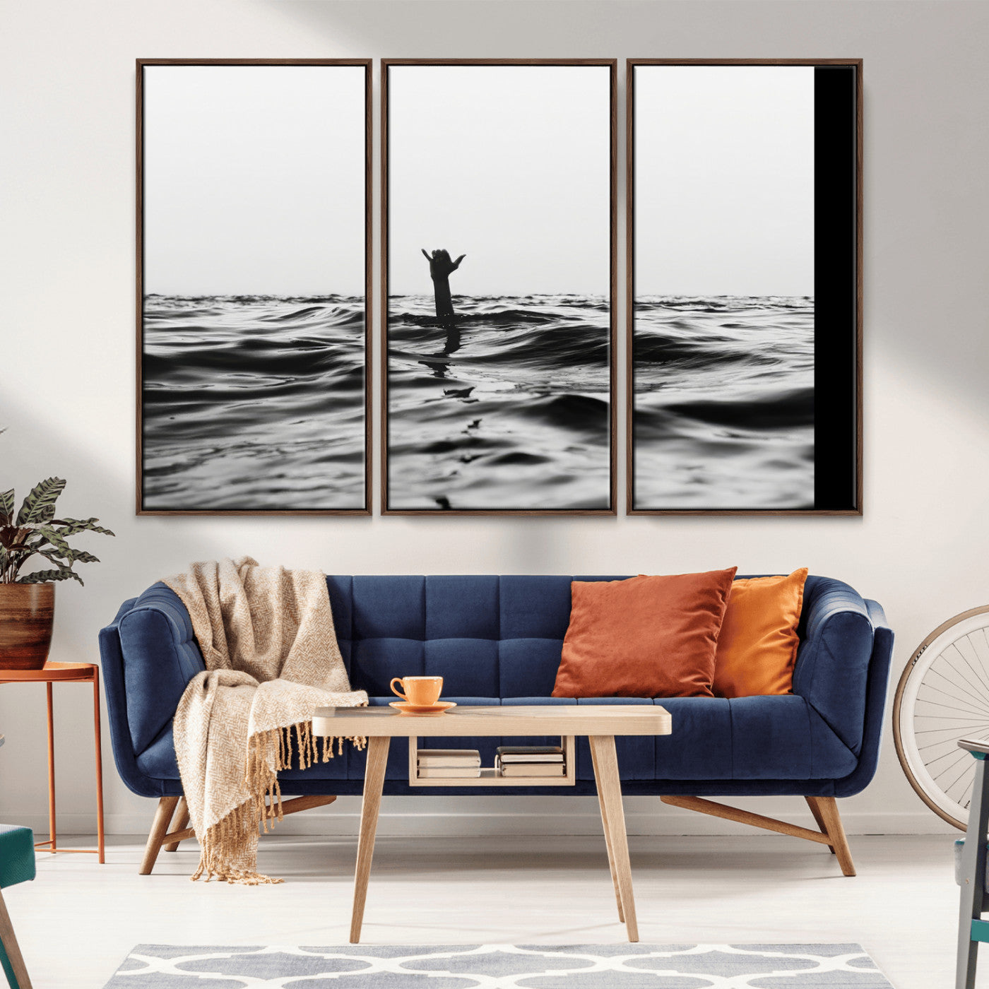 69541918-MGV-CV-36X24-Black White Ocean Wall Art Canvas Print, Framed Moody Seascape Art Picture Print, Surfer Sign Perfect Moody Minimalist Decor