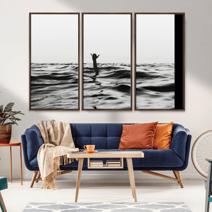 69541918-MGV-CV-36X24-Black White Ocean Wall Art Canvas Print, Framed Moody Seascape Art Picture Print, Surfer Sign Perfect Moody Minimalist Decor