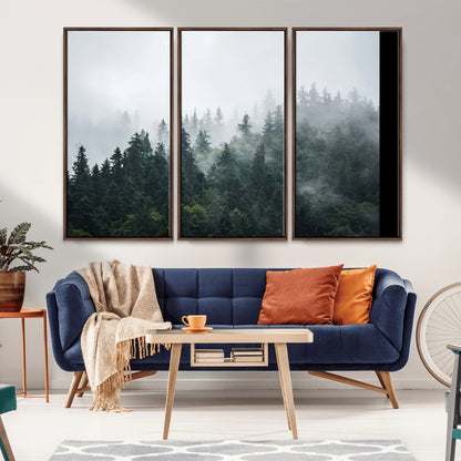 84146572-MGV-CV-36X24-Foggy Pine Trees Wall Art Canvas Print, Framed Forest Nature Art Picture Print, Evergreen Forest Perfect Scandinavian Minimalist