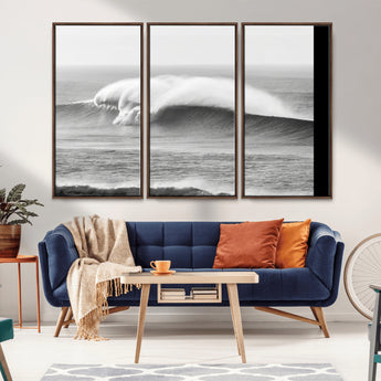 42544082-MGV-CV-36X24-Monochrome Seascape Wall Art Canvas Print, Framed Surf Wave Art Picture Print, Minimalist Ocean Perfect Moody Coastal Decor