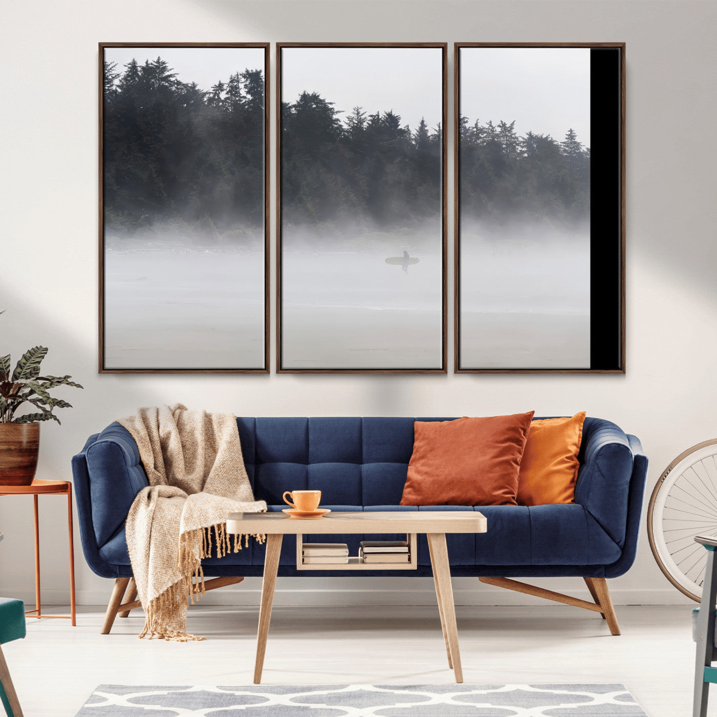 59703275-MGV-CV-36X24-Surfer in Fog Wall Art Canvas Print, Framed Foggy Beach Art Picture Print, Coastal Surf Perfect Moody Coastal Decor Artwork