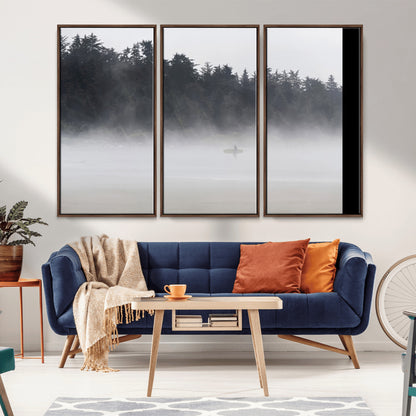 59703275-MGV-CV-36X24-Surfer in Fog Wall Art Canvas Print, Framed Foggy Beach Art Picture Print, Coastal Surf Perfect Moody Coastal Decor Artwork