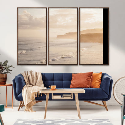 57669769-MGV-CV-36X24-Misty Coastal Wall Art Canvas Print, Framed Golden Sunset Art Picture Print, Serene Shoreline Perfect Tranquil Coastal Decor