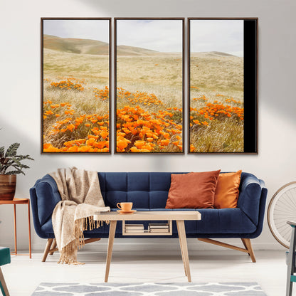 28972262-MGV-CV-36X24-Golden Wildflowers Wall Art Canvas Print, Framed Hills Bloom Art Picture Print, Poppy Meadow Perfect Rustic Nature Decor Artwork