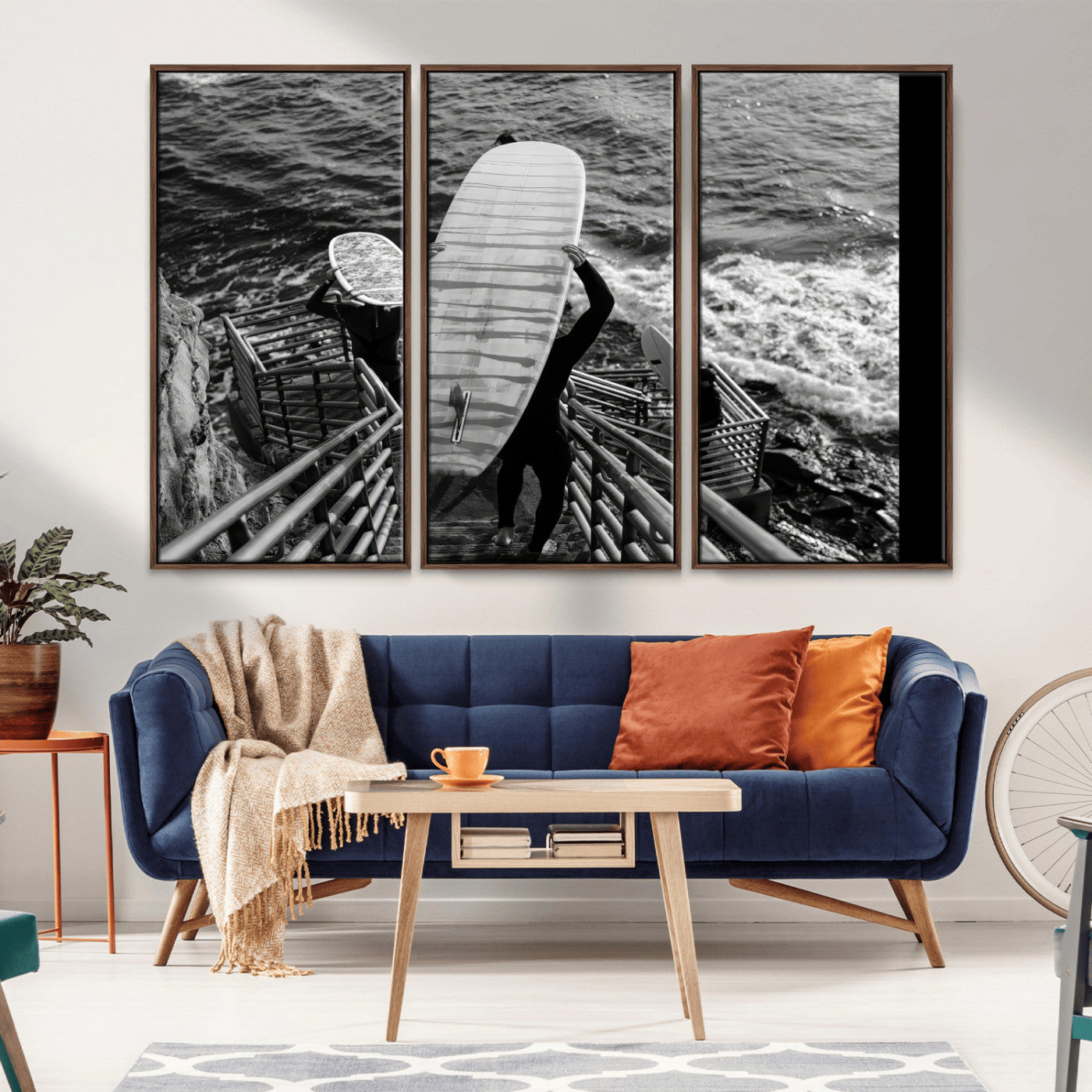 32353707-MGV-CV-36X24-Black White Surfing Wall Art Canvas Print, Framed Coastal Surfing Art Picture Print, Wave Riders Perfect Coastal Adventure Decor