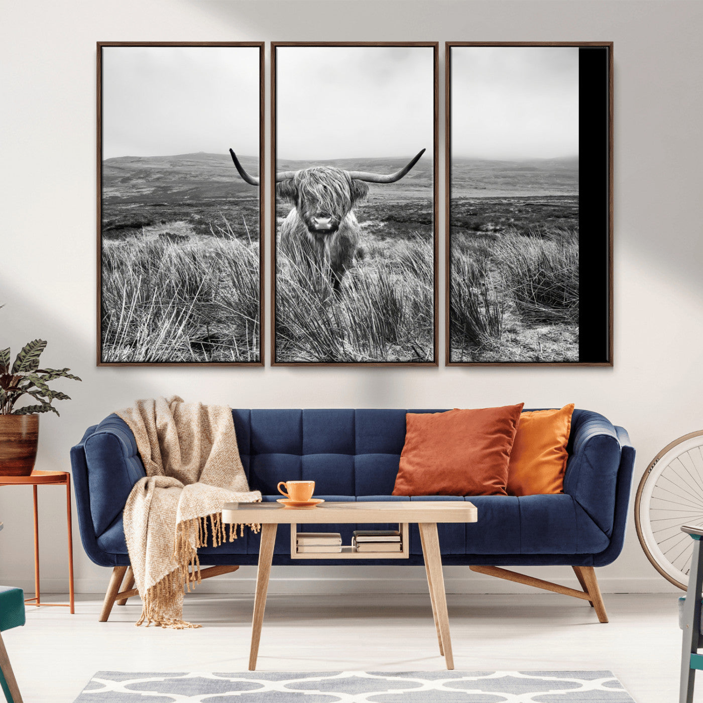 24051061-MGV-CV-36X24-Monochrome Highland Cow Wall Art Canvas Print, Framed Scottish Bull Art Picture Print, Lone Cattle Perfect Rustic Farmhouse Decor