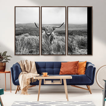 24051061-MGV-CV-36X24-Monochrome Highland Cow Wall Art Canvas Print, Framed Scottish Bull Art Picture Print, Lone Cattle Perfect Rustic Farmhouse Decor