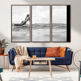 69798068-MGV-CV-36X24-Black White Surfing Wall Art Canvas Print, Framed Ocean Horizon Art Picture Print, Surfer Girl Perfect Coastal Adventure Decor