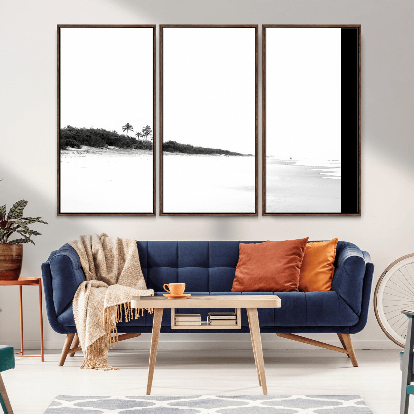 29611516-MGV-CV-36X24-Black White Beach Wall Art Canvas Print, Framed Palm Trees Art Picture Print, Monochrome Tropical Perfect Minimalist Coastal Decor