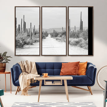 35537313-MGV-CV-36X24-Monochrome Desert Wall Art Canvas Print, Framed Cactus Path Art Picture Print, Southwestern Landscape Perfect Southwestern