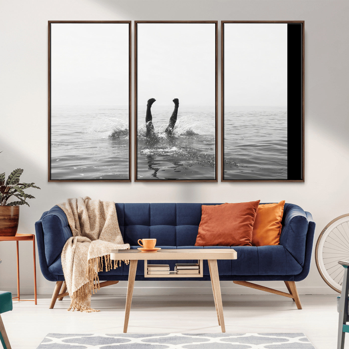 26667396-MGV-CV-36X24-Black White Ocean Wall Art Canvas Print, Framed Monochrome Water Art Picture Print, Diving into Water Perfect Minimalist Aquatic