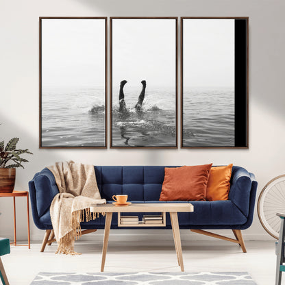 26667396-MGV-CV-36X24-Black White Ocean Wall Art Canvas Print, Framed Monochrome Water Art Picture Print, Diving into Water Perfect Minimalist Aquatic