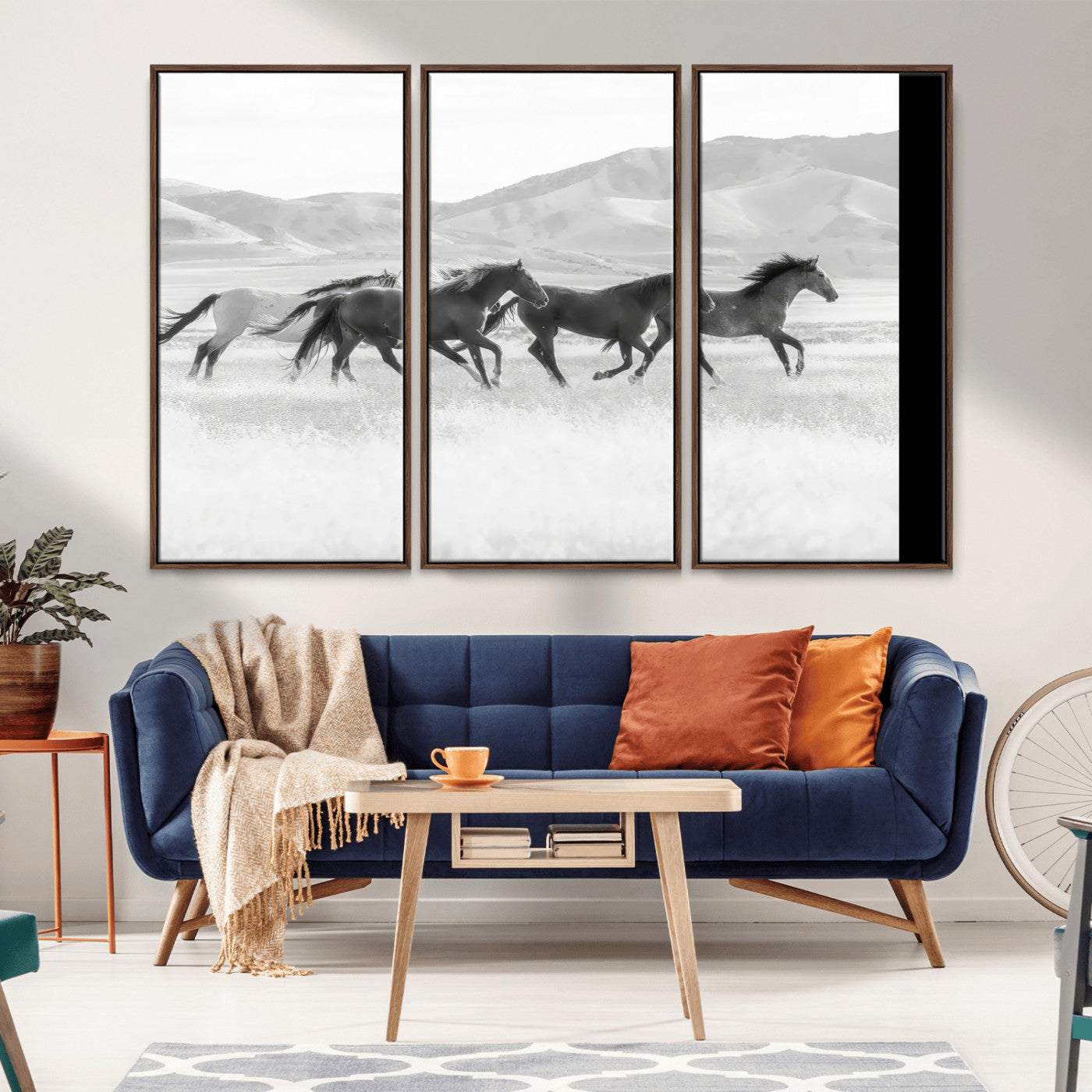 69934913-MGV-CV-36X24-Wild Horses Running Wall Art Canvas Print, Framed Black White Mustangs Art Picture Print, Rustic Western Perfect Rustic Western