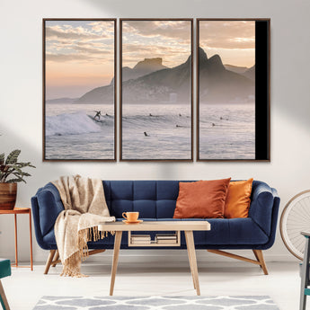 70644906-MGV-CV-36X24-Sunset Surfing Wall Art Canvas Print, Framed Misty Mountains Art Picture Print, Surfer Riding Wave Perfect Coastal Adventure Decor