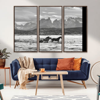 21655040-MGV-CV-36X24-Wild Horses Wall Art Canvas Print, Framed Black White Mountains Art Picture Print, Rustic Countryside Perfect Rustic Western Decor