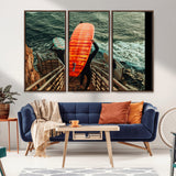 84555848-MGV-CV-36X24-Surfer Stairway Wall Art Canvas Print, Framed Ocean Surf Art Picture Print, Sunset Coastal Perfect Coastal Adventure Decor Artwork
