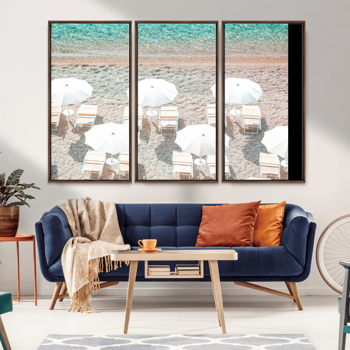 83736167-MGV-CV-36X24-Calm Beach Wall Art Canvas Print, Framed Turquoise Water Art Picture Print, Umbrella Shoreline Perfect Coastal Minimalist Decor