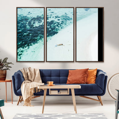 33764764-MGV-CV-36X24-Minimal Beach Wall Art Canvas Print, Framed Ocean Swimming Art Picture Print, Clear Ocean Perfect Minimal Coastal Decor Artwork