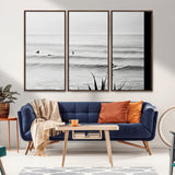 33821421-MGV-CV-36X24-Surfer Silhouette Wall Art Canvas Print, Framed Calm Ocean Art Picture Print, Monochrome Surf Perfect Minimalist Coastal Decor