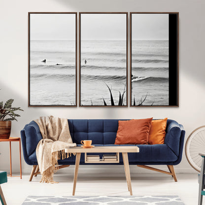 33821421-MGV-CV-36X24-Surfer Silhouette Wall Art Canvas Print, Framed Calm Ocean Art Picture Print, Monochrome Surf Perfect Minimalist Coastal Decor